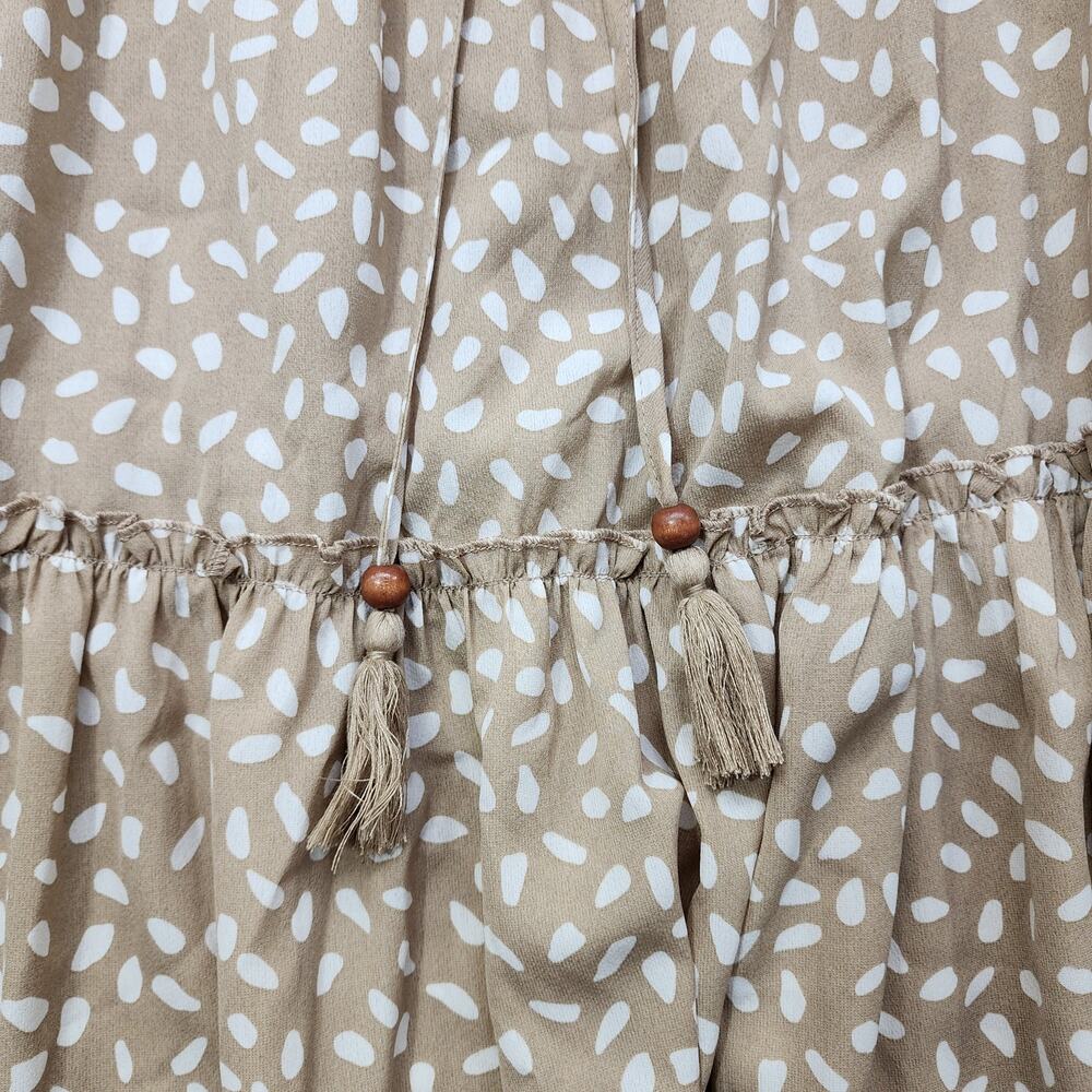 NEW Main Strip Skirt Women L Tan White Pull On Tiered Maxi Drawstring Wood Beads - Picture 2 of 10